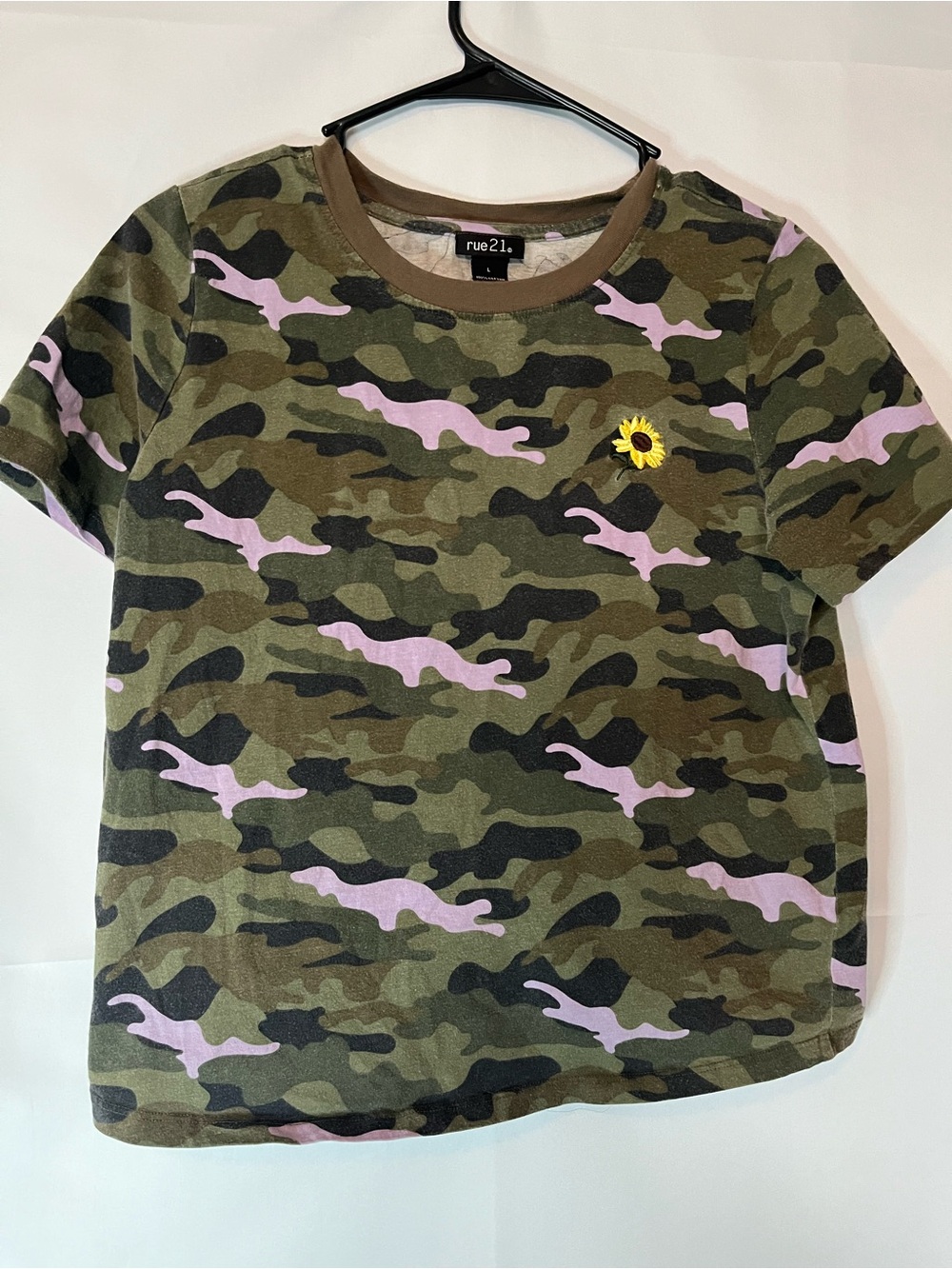 rue21 Green & Purple Camo Tee with Sunflower Patch